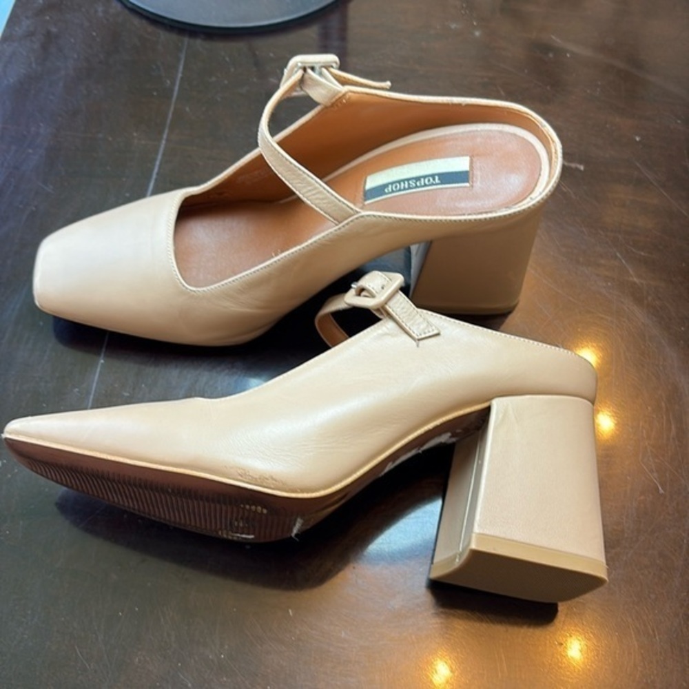 ๐ฟTopshop, nude Tan Heels Classic Block Design mules 3 inch: